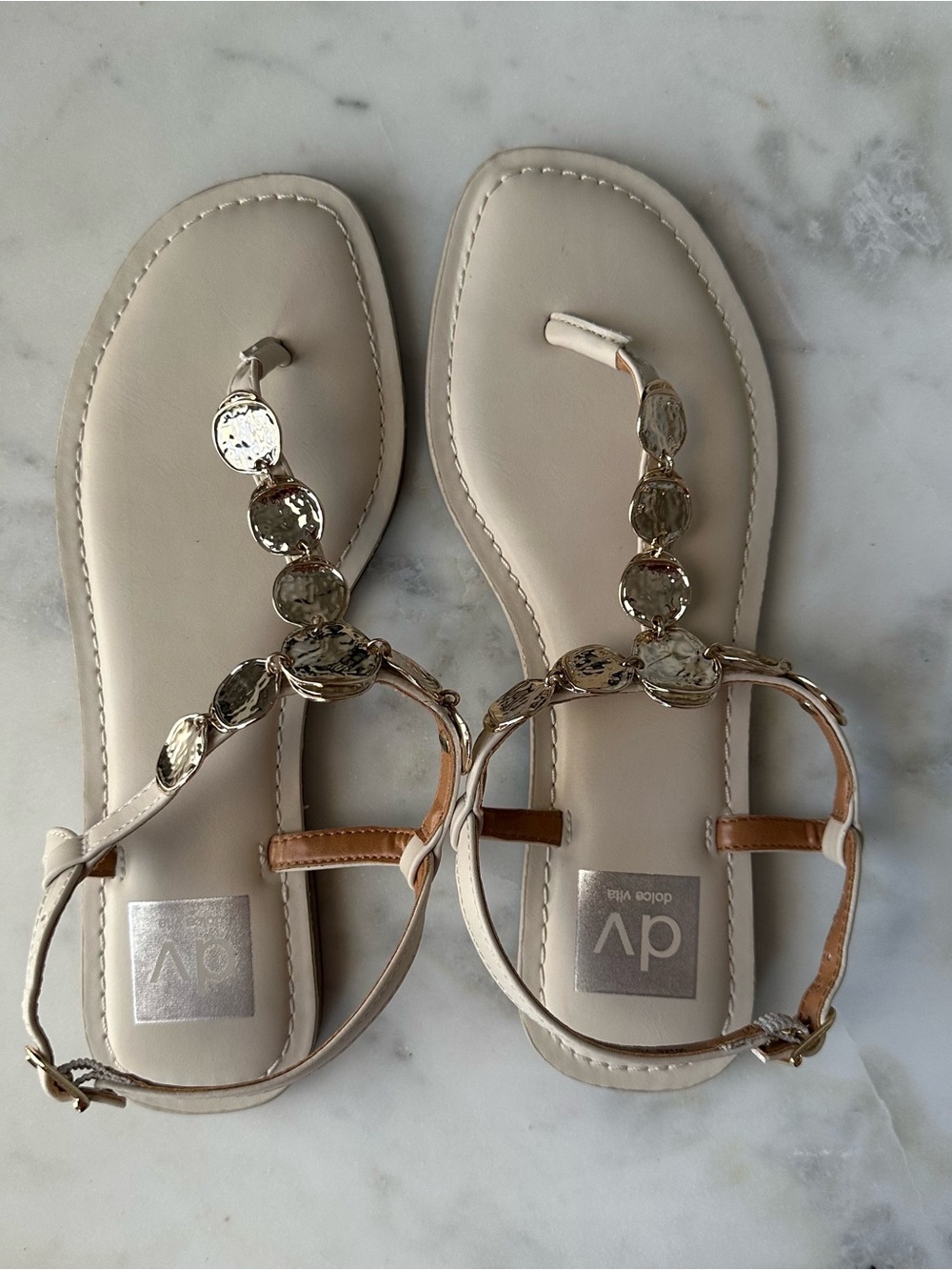 DV by Dolce Vita beige T-strap sandals with metallic stones